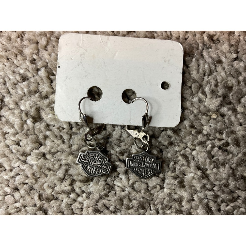 Harley-Davidson Bar & Shield Leverback Drop Earrings Silver Tone Biker Style